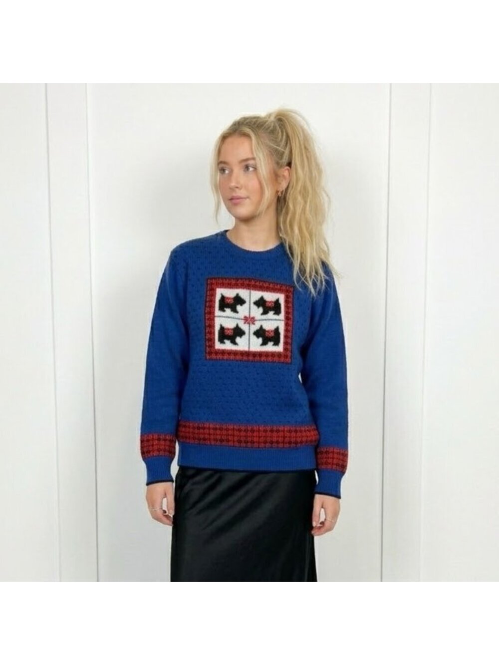 Vintage Scottie Dog Sweater Small Blue Scottish Terrier Dog Novelty Graphic Knit - Picture 2 of 11